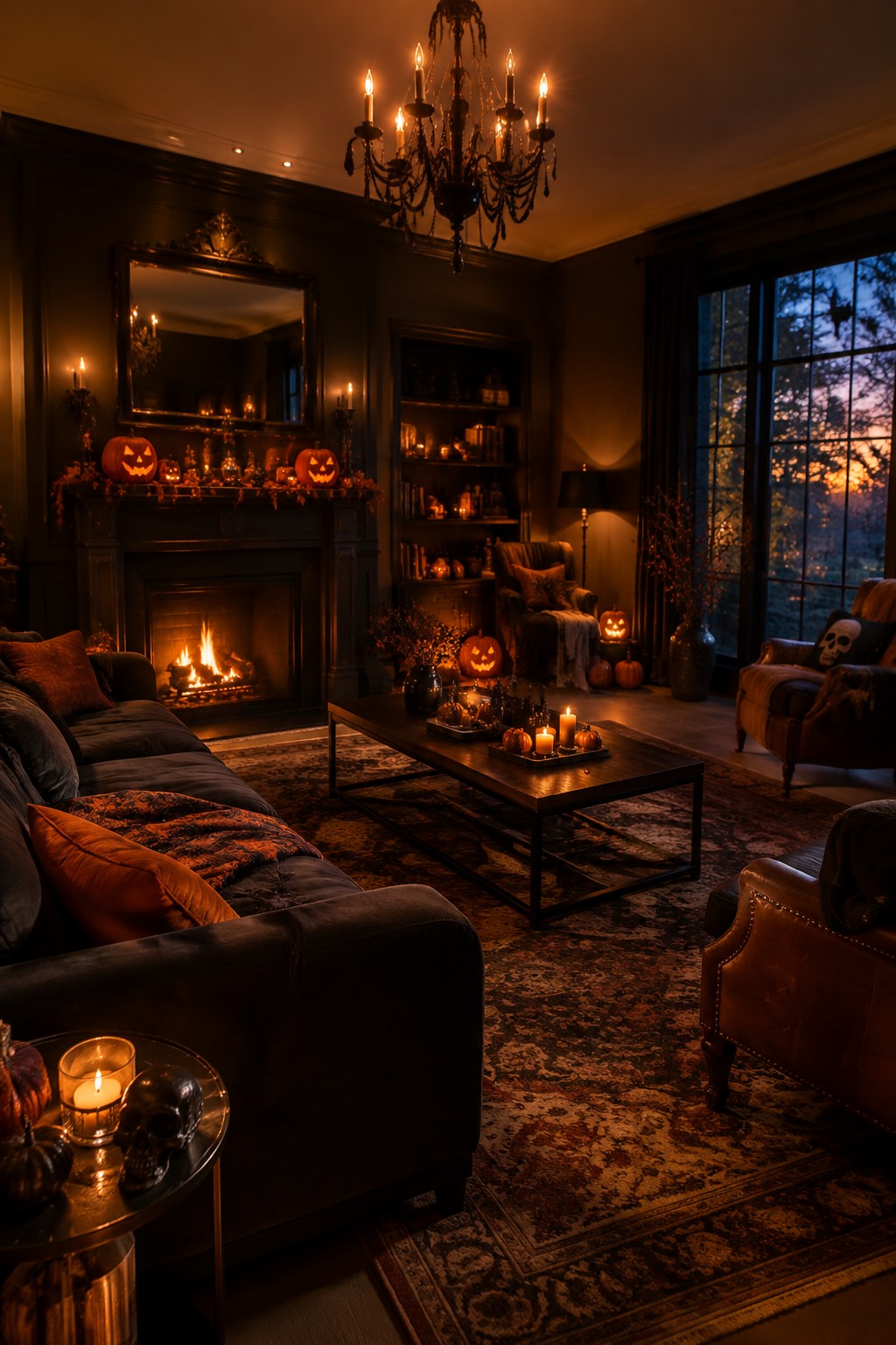 Living room with carved jack o' lanterns arranged across a dark fireplace mantel, surrounded by candles and autumn accents.