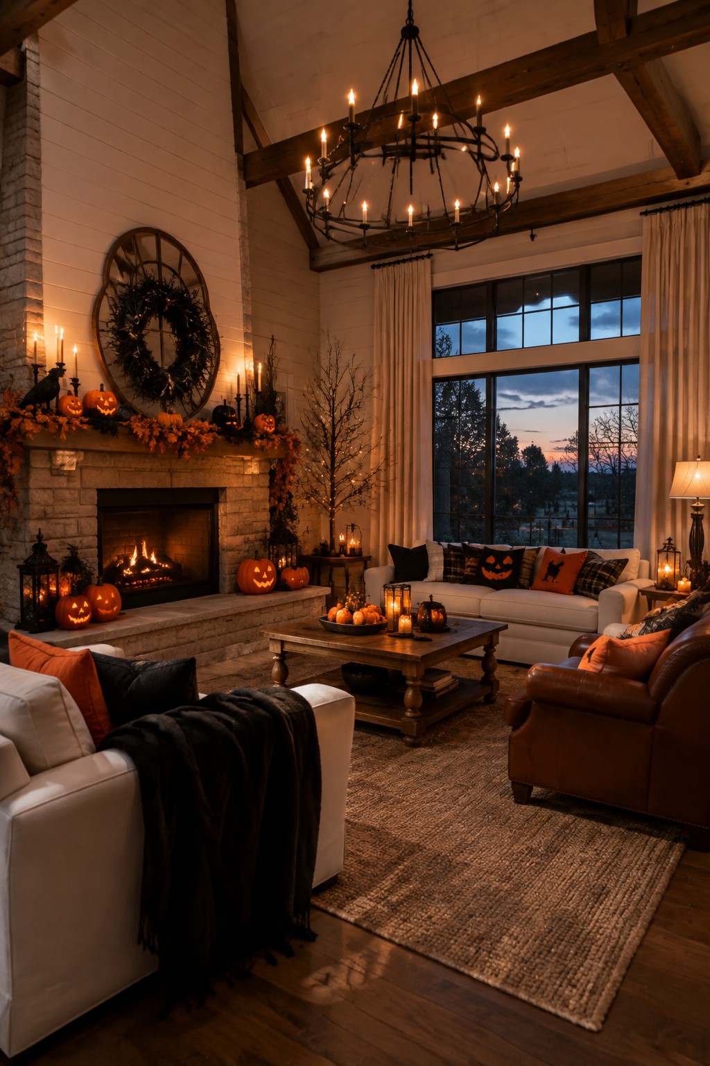 Living room fireplace mantel lined with carved jack o lanterns, a dark wreath, candles, and autumn garland, with more pumpkins on the hearth.