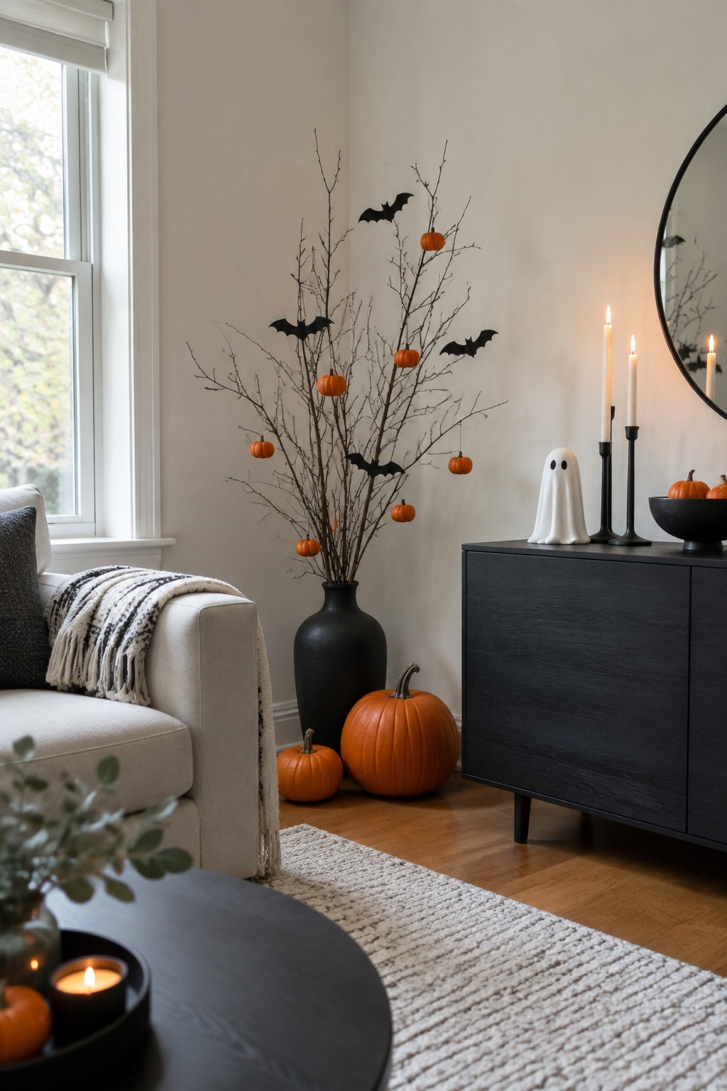 Cozy neutral living room with black branches, orange pumpkins, bats, ghost, and lit candles.