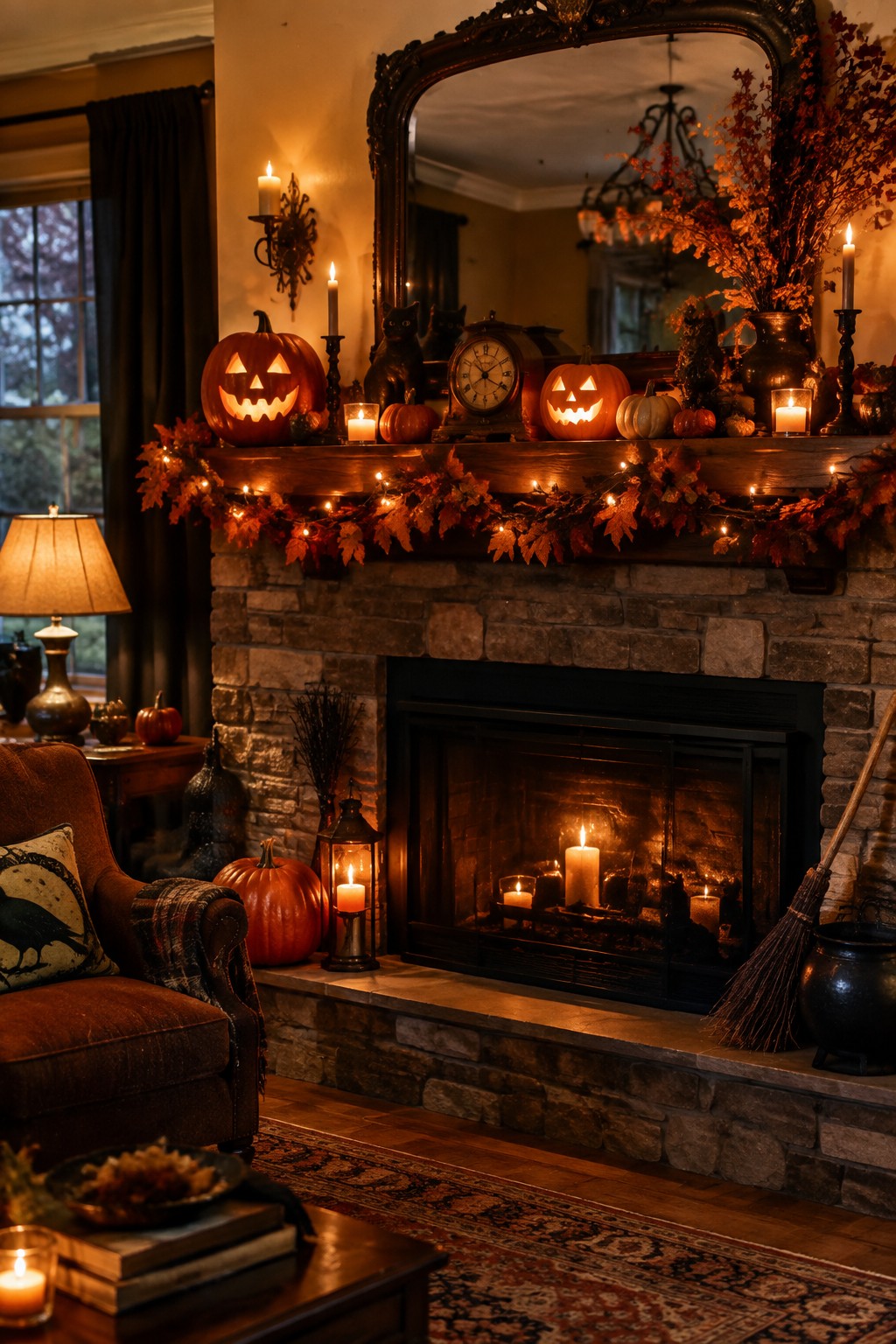 Living room fireplace mantel decorated with carved jack-o'-lanterns, black cat figures, a vintage clock, and autumn leaf garland with string lights.
