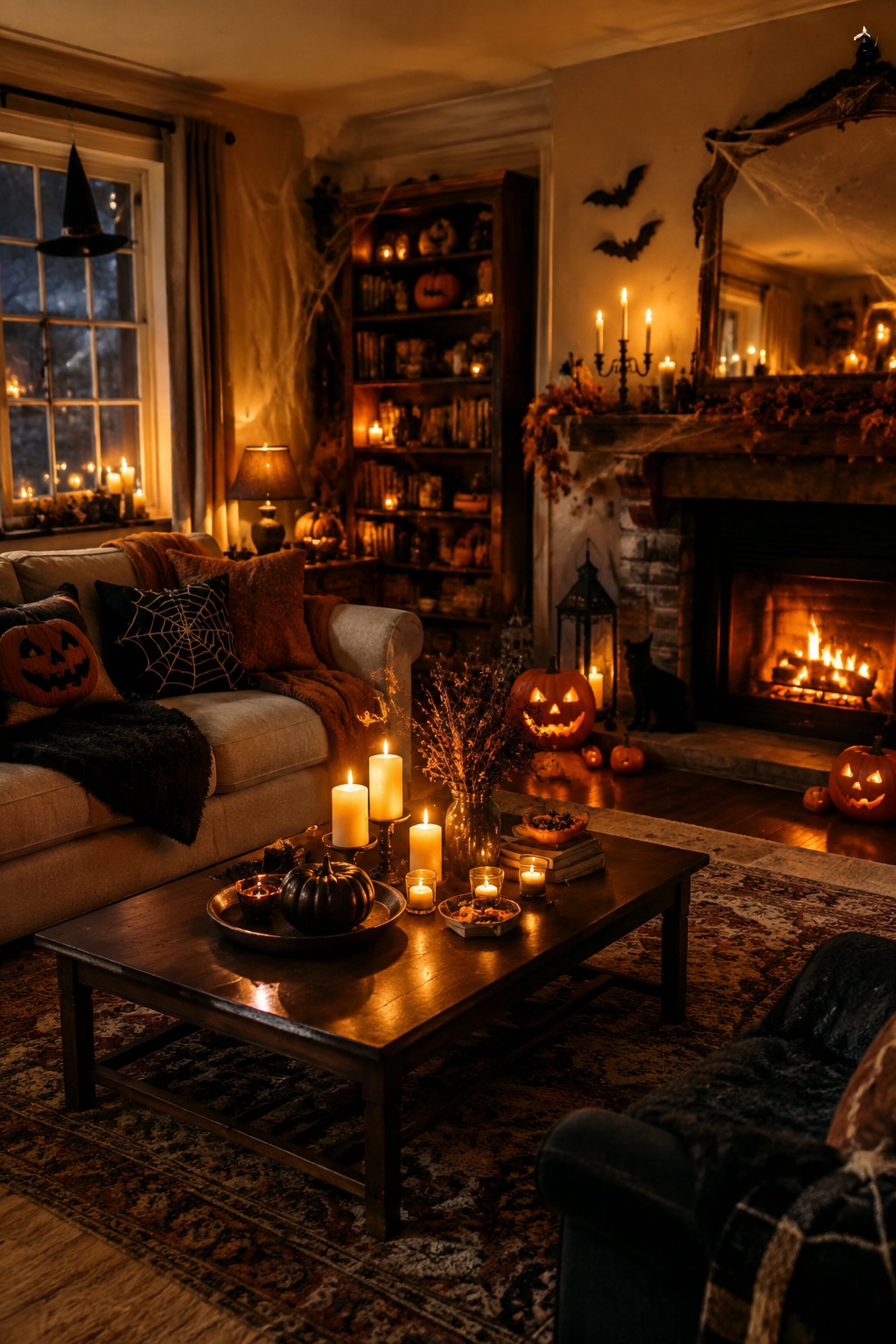 Living room fireplace mantel styled for Halloween with multiple carved jack o lanterns, lit candles, dried garlands, and a black cat figure nearby.