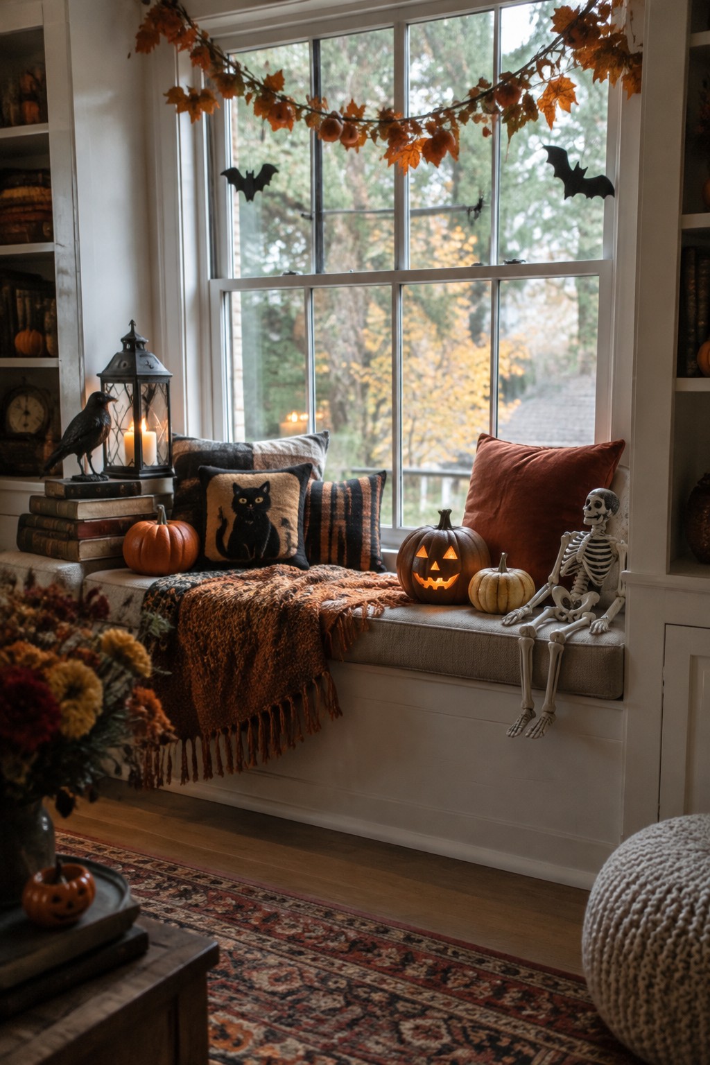 Window seat decorated with a seated skeleton, glowing jack o lanterns, and black bats on the glass.