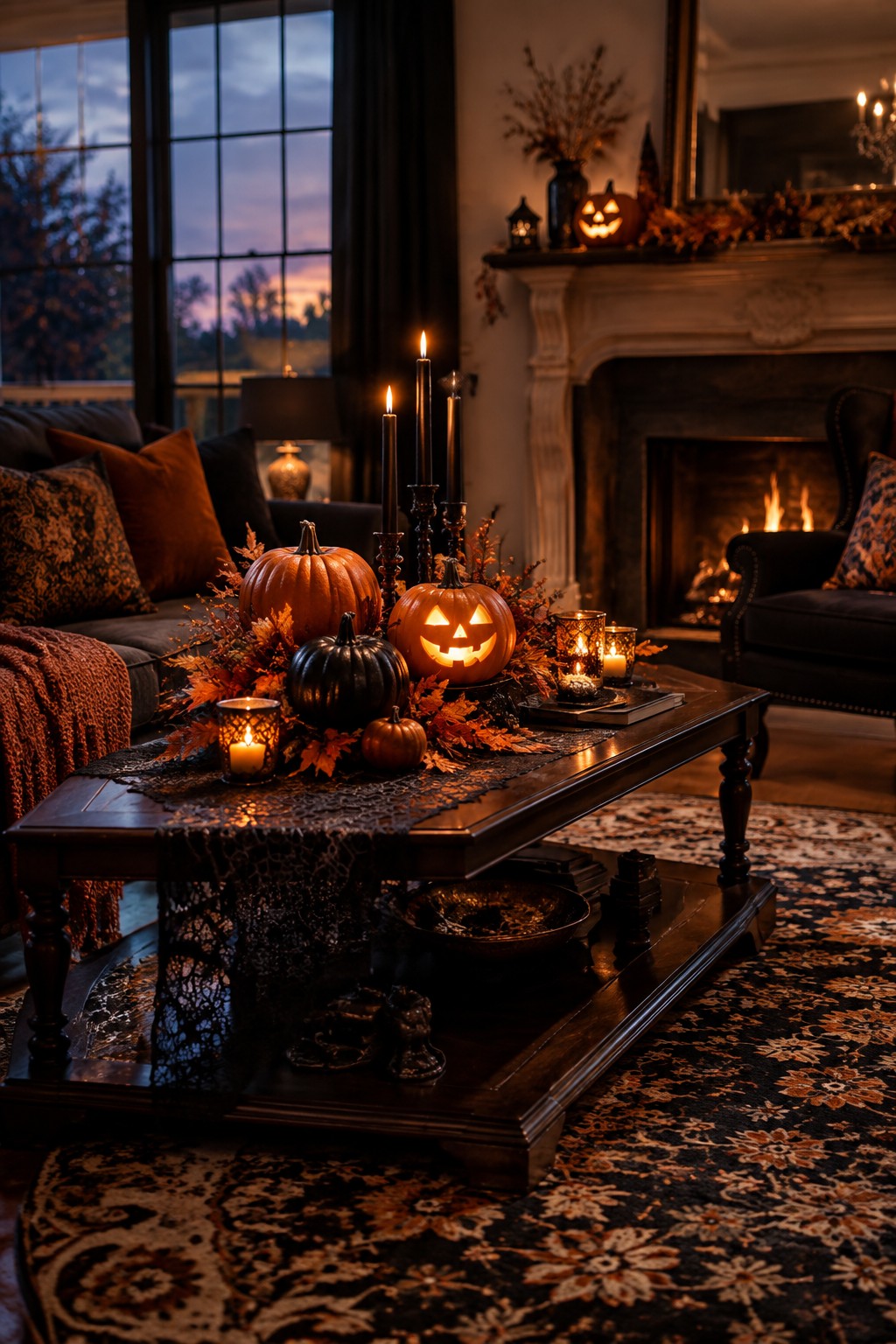 Living room coffee table arranged with carved jack-o'-lanterns, black candles, and autumn leaves on a dark wooden table.