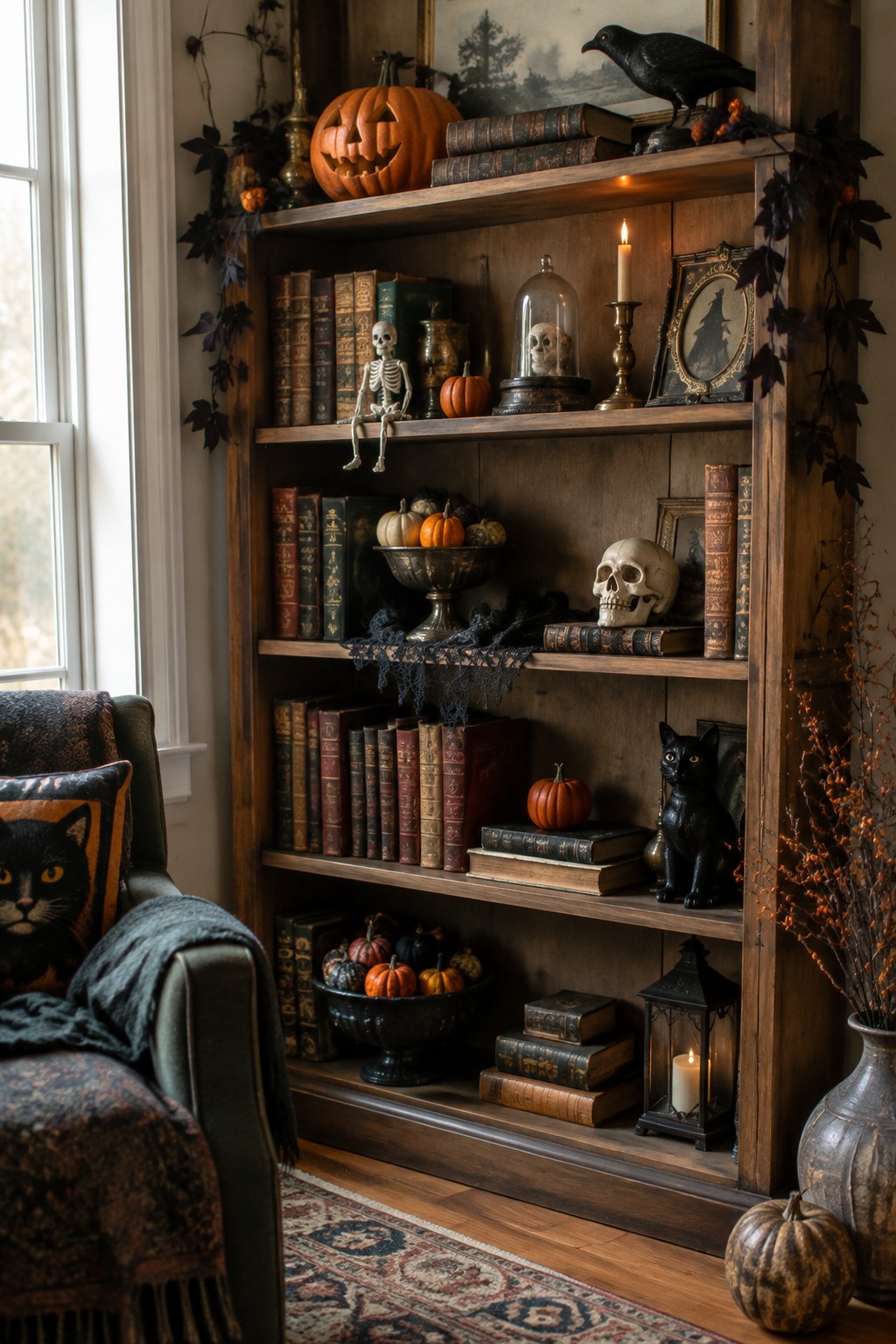 Cozy wooden bookshelf with books, pumpkins, skulls, candles, and black cat beside armchair.