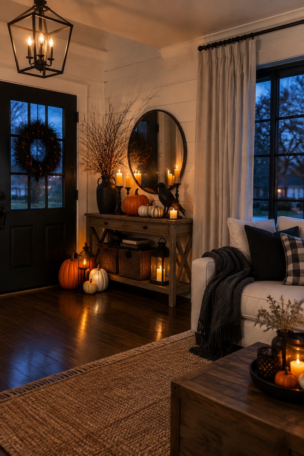 Entryway console table styled with a black crow, orange and white pumpkins, candles, and dried branches against a white wall.
