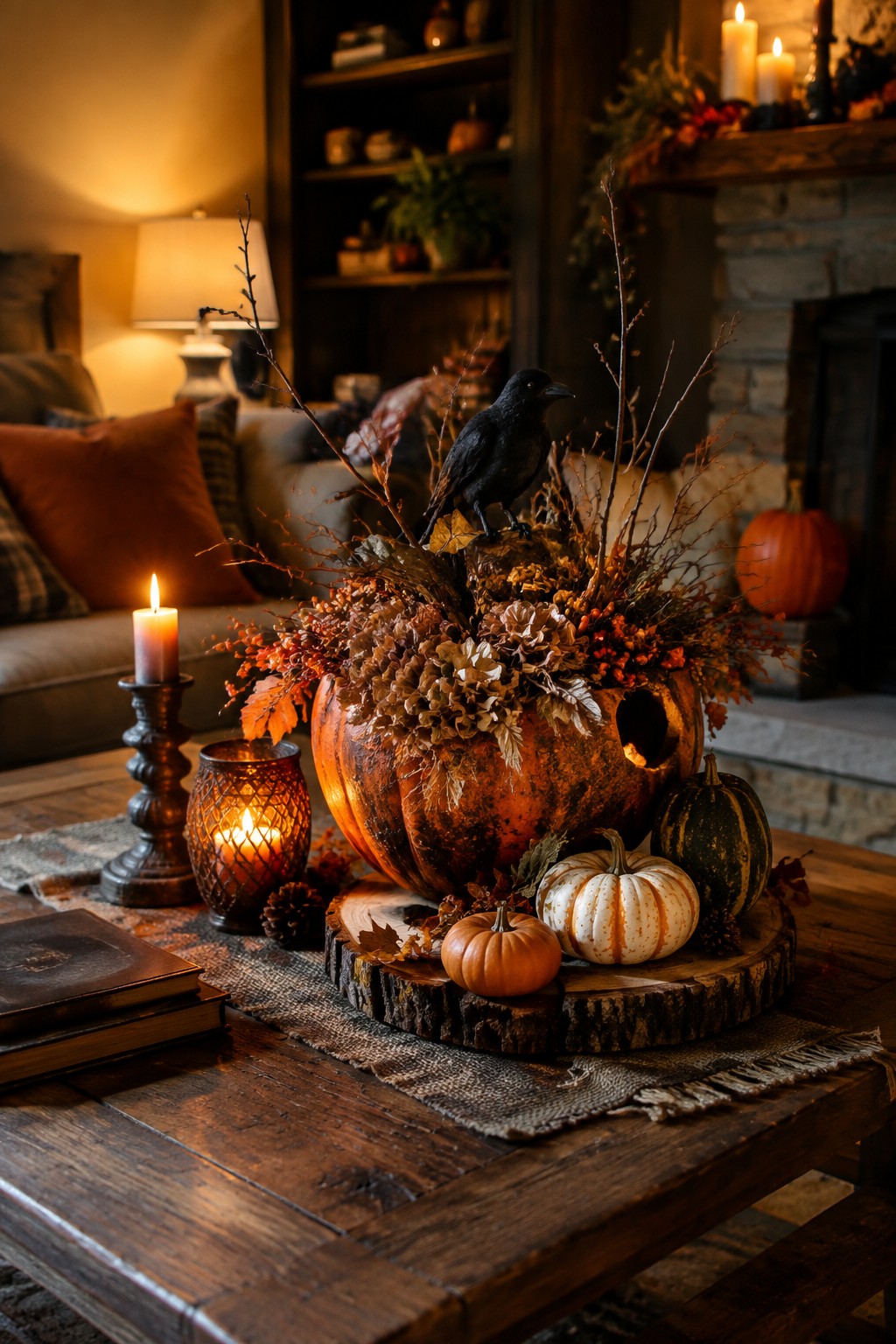 Cozy autumn display with black crow on carved pumpkin amid candles and mini gourds