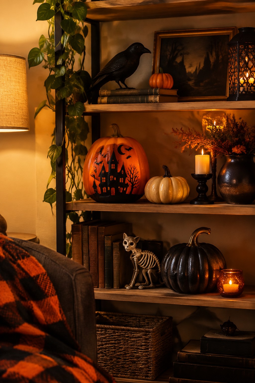 Wooden bookshelf decorated with a large carved jack-o'-lantern showing a haunted house, a skeleton cat figure, a black crow, old books, and several lit candles.