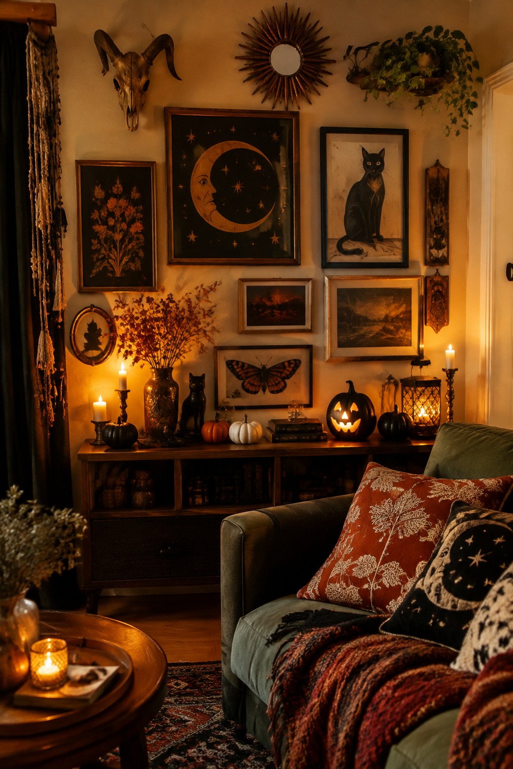 Cozy dark room with moon art, black cat print, glowing pumpkins, candles, and vintage decor.