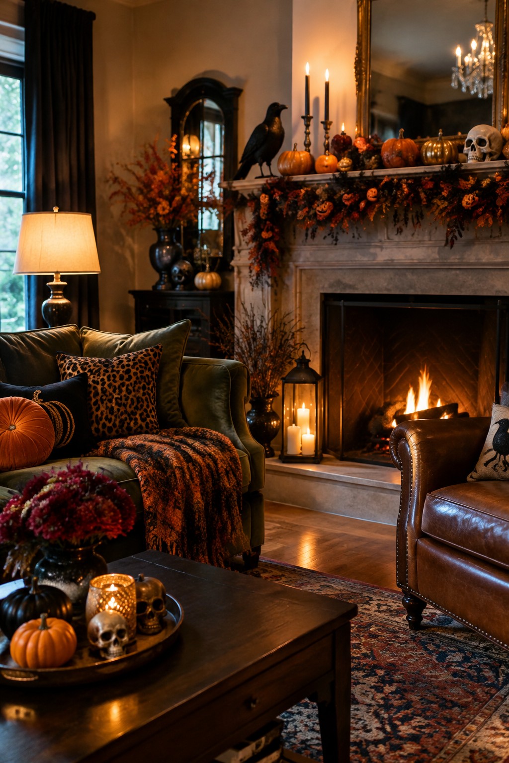 Living room mantel styled with skulls, a black crow, pumpkins, and a garland of small jack-o'-lanterns above a lit fireplace.
