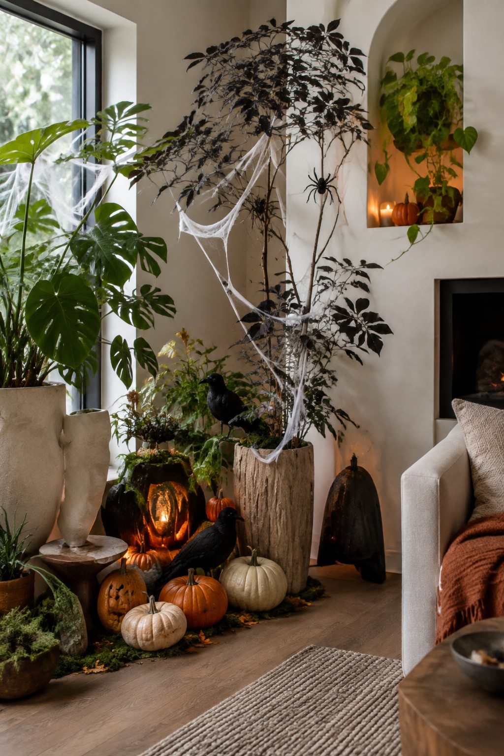 Living room corner with tall black branches draped in spiderwebs, black crows perched among them, and carved jack-o'-lanterns grouped with white pumpkins on the floor.