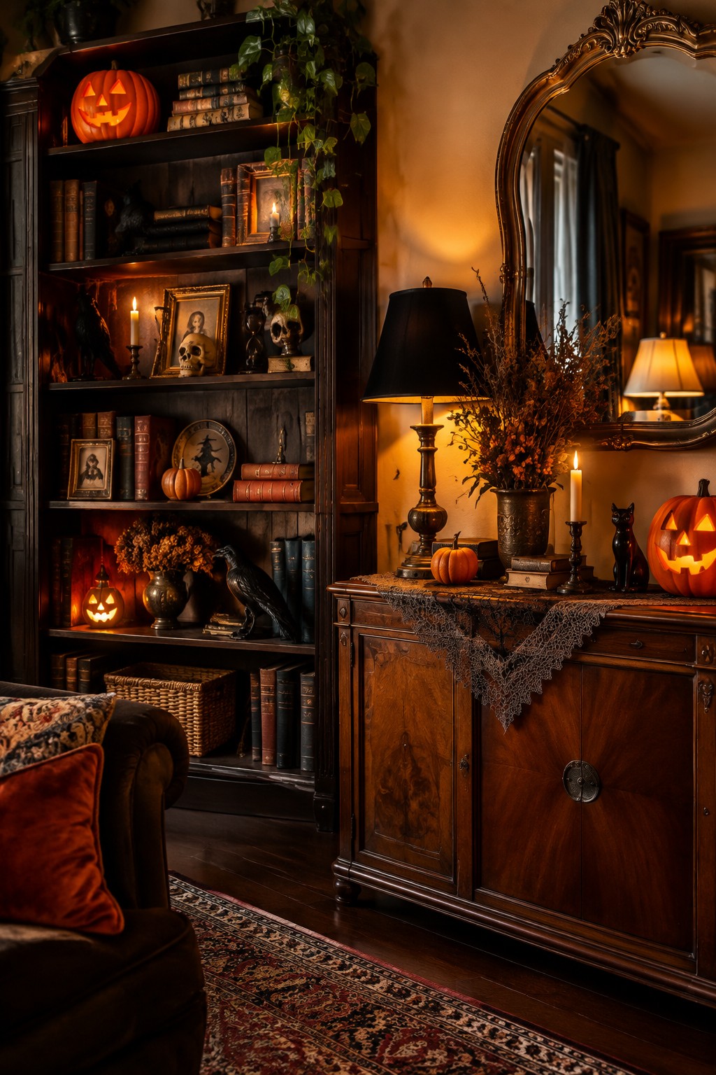 Living room shelves filled with glowing carved jack o lanterns, skulls, black crows, and old books beside a wooden console holding another pumpkin and a black cat figurine.