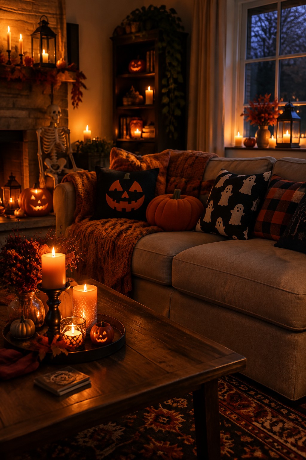 A living room sofa with black pillows showing orange jack o' lantern and ghost designs, next to a coffee table tray holding lit candles and a small carved pumpkin.