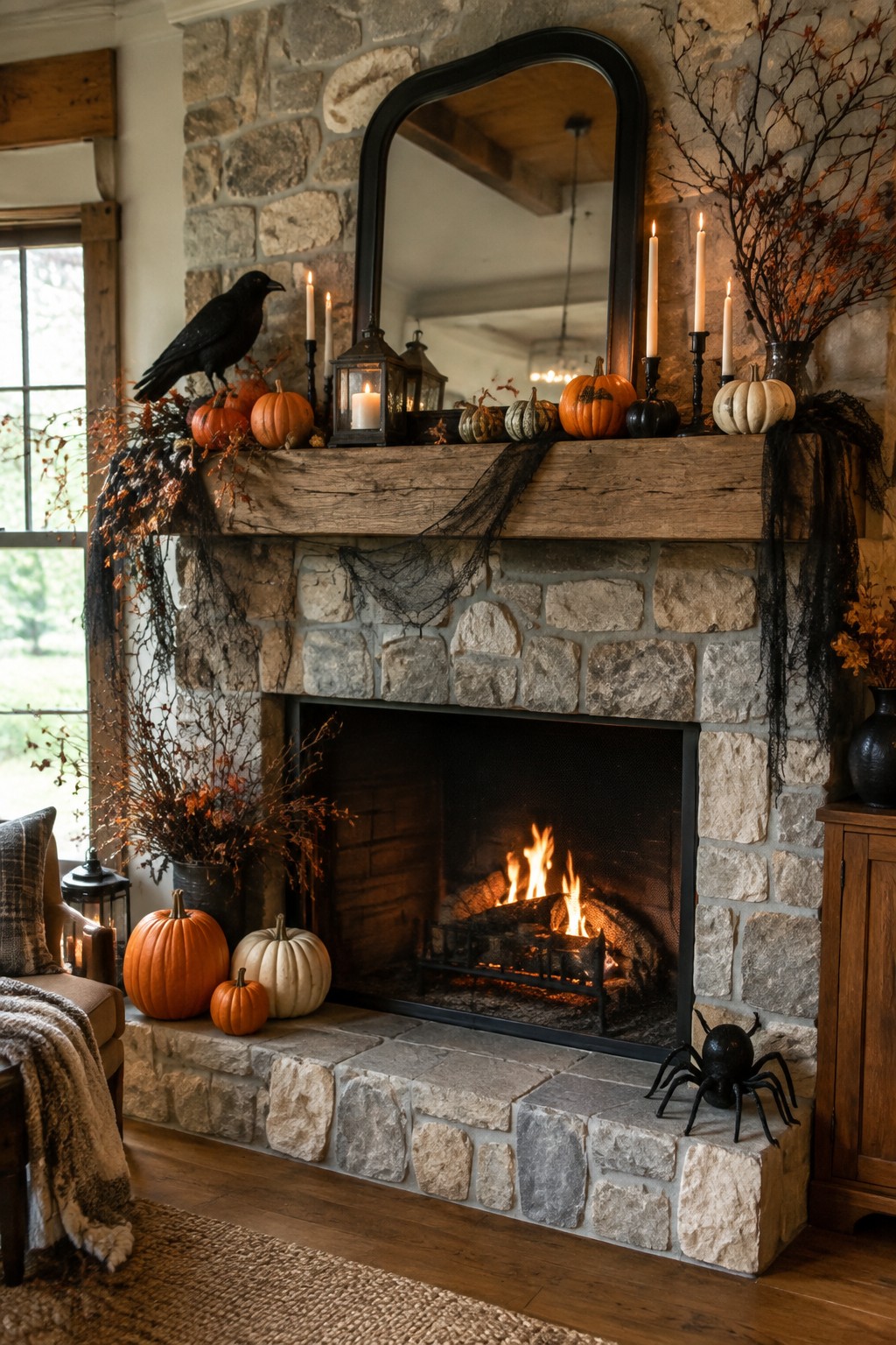 Stone fireplace with a decorated wooden mantel holding a black crow, pumpkins, candles, black spiderwebs, and a large spider on the hearth.