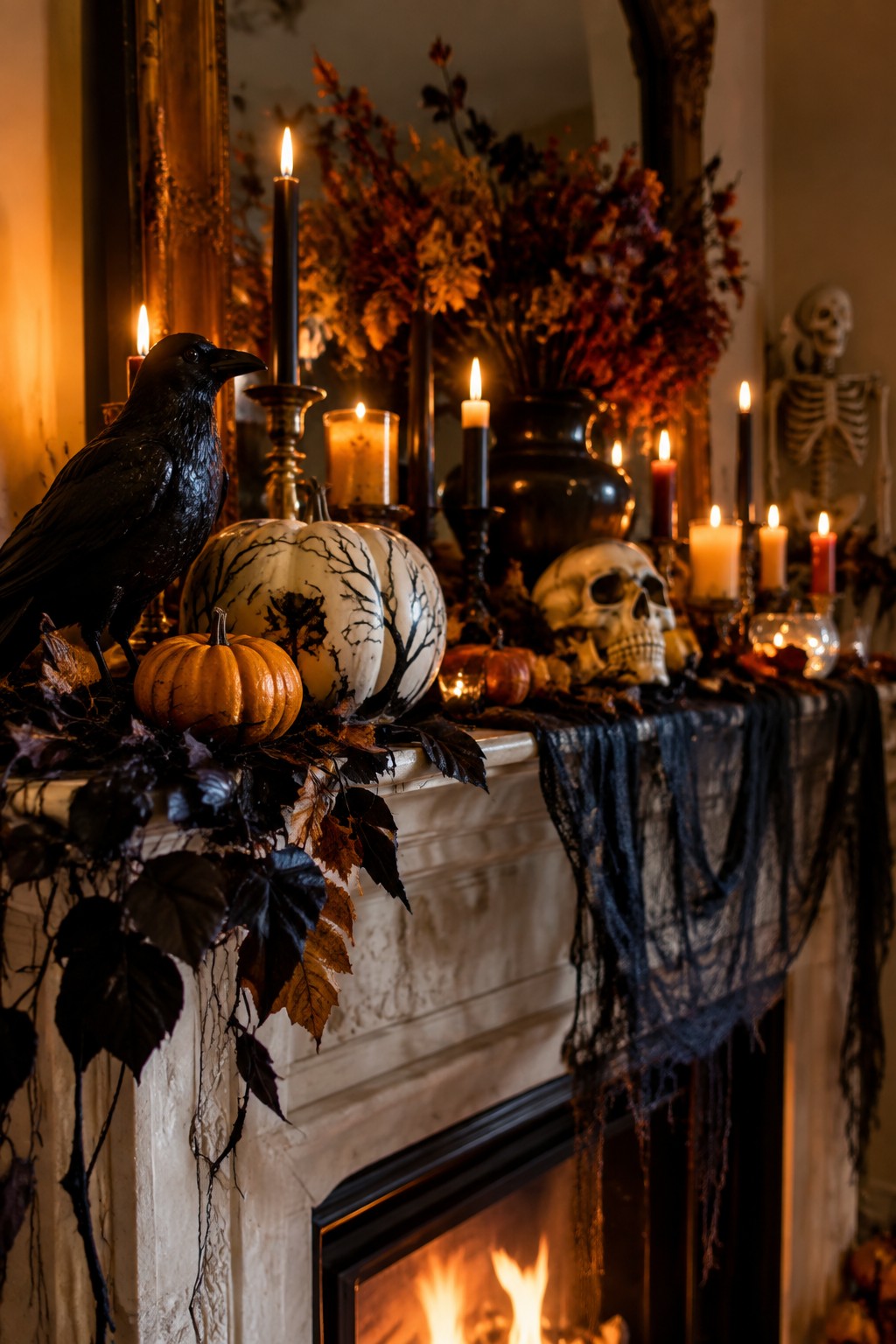 A fireplace mantel styled for Halloween with skulls, a black crow, black candles, and dark fabric over a lit fire.