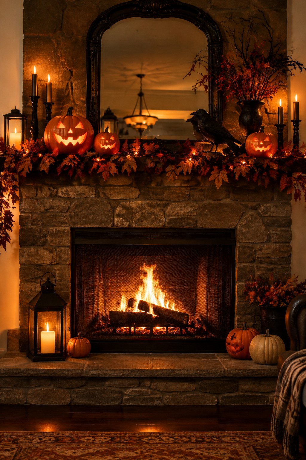 Stone fireplace with blazing fire, jack-o'-lanterns, candles, and autumn leaves on mantel.