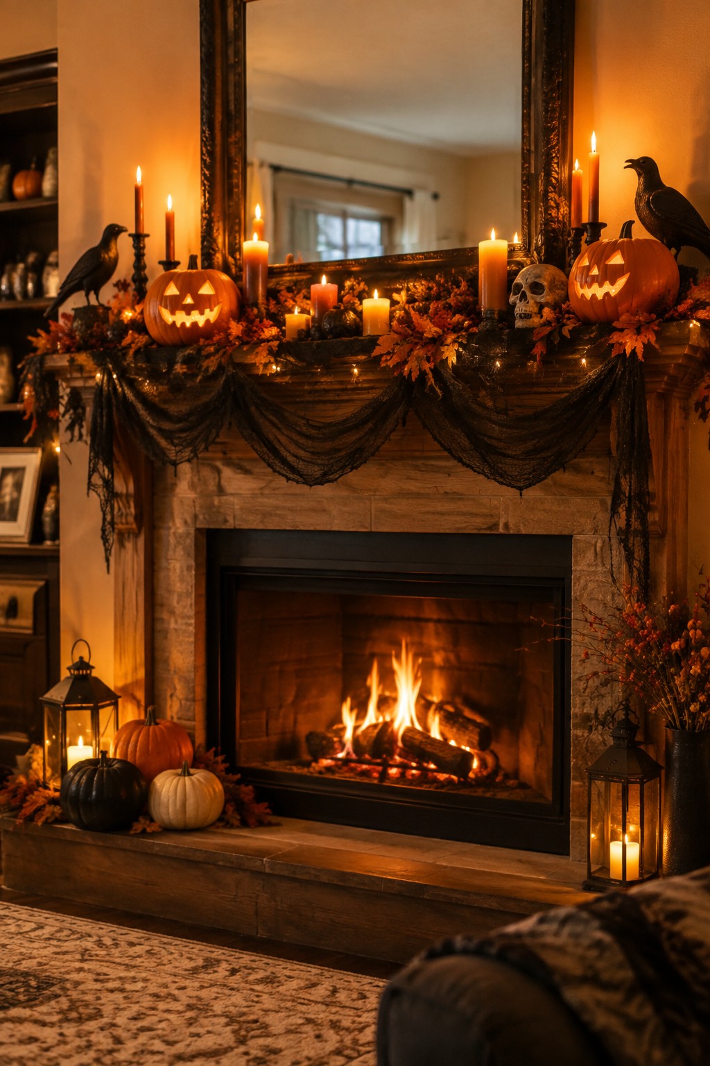 Stone fireplace mantel decorated with carved jack o lanterns, black crows, a skull, candles, and a garland with string lights.