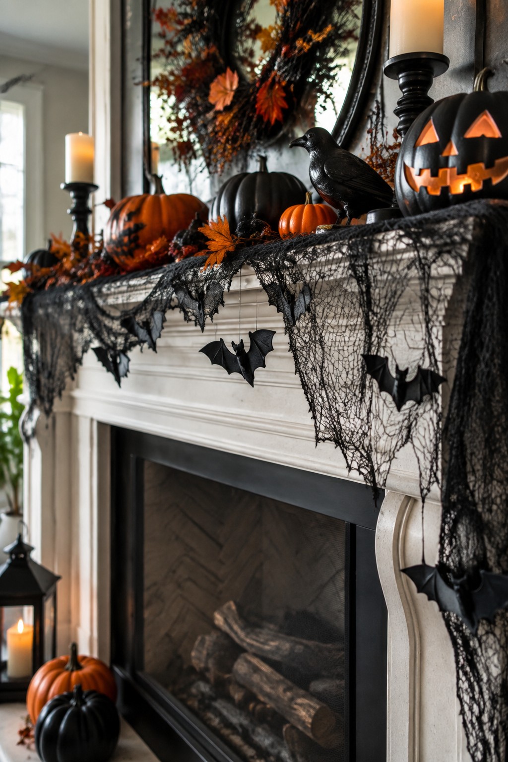 White fireplace mantel styled for Halloween with black netting draped across the front, several hanging black bats, pumpkins, and a black bird figure.
