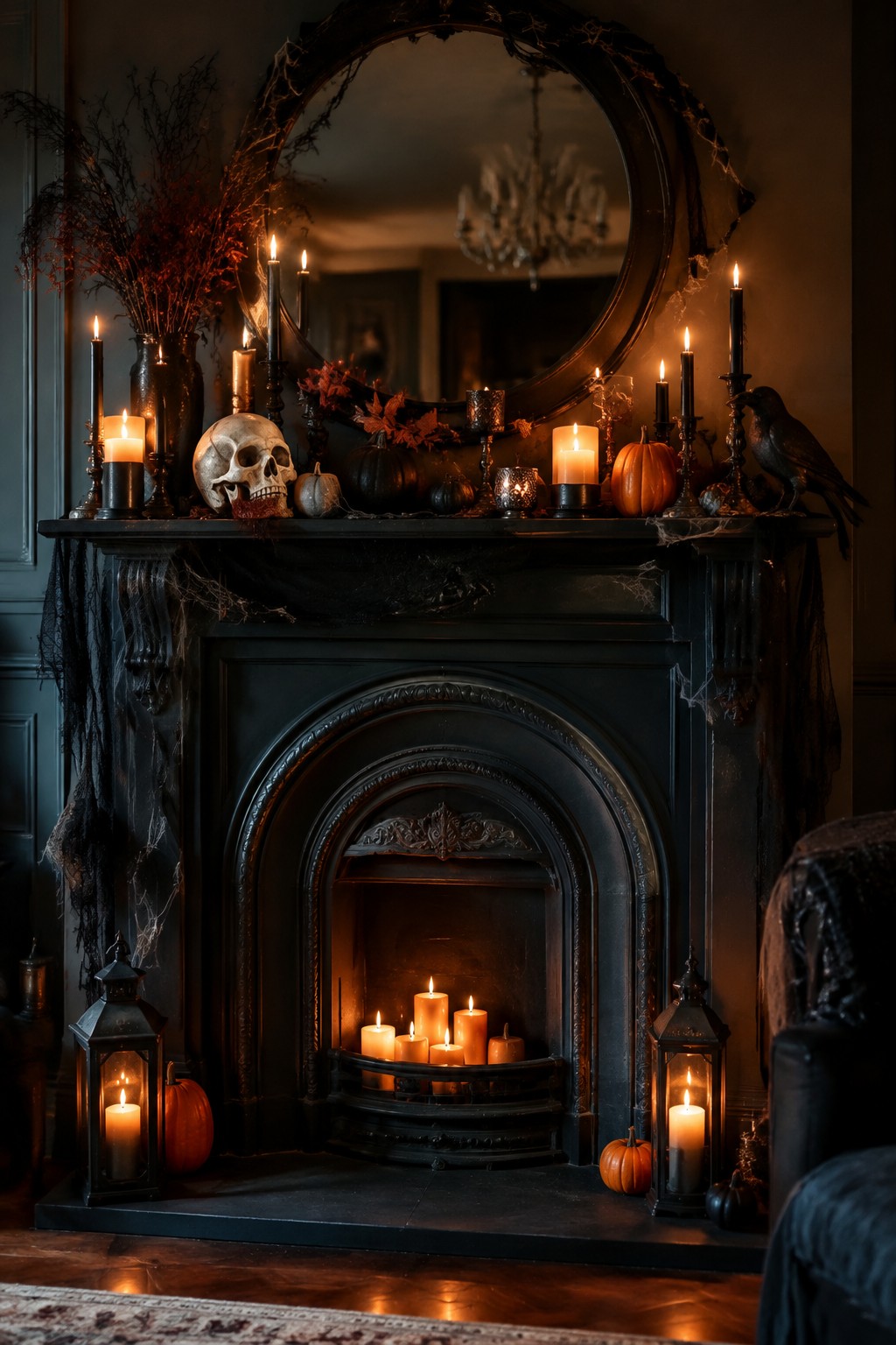 A black fireplace mantel styled for Halloween with a skull, spiderwebs, black candles, pumpkins, and a crow statue.