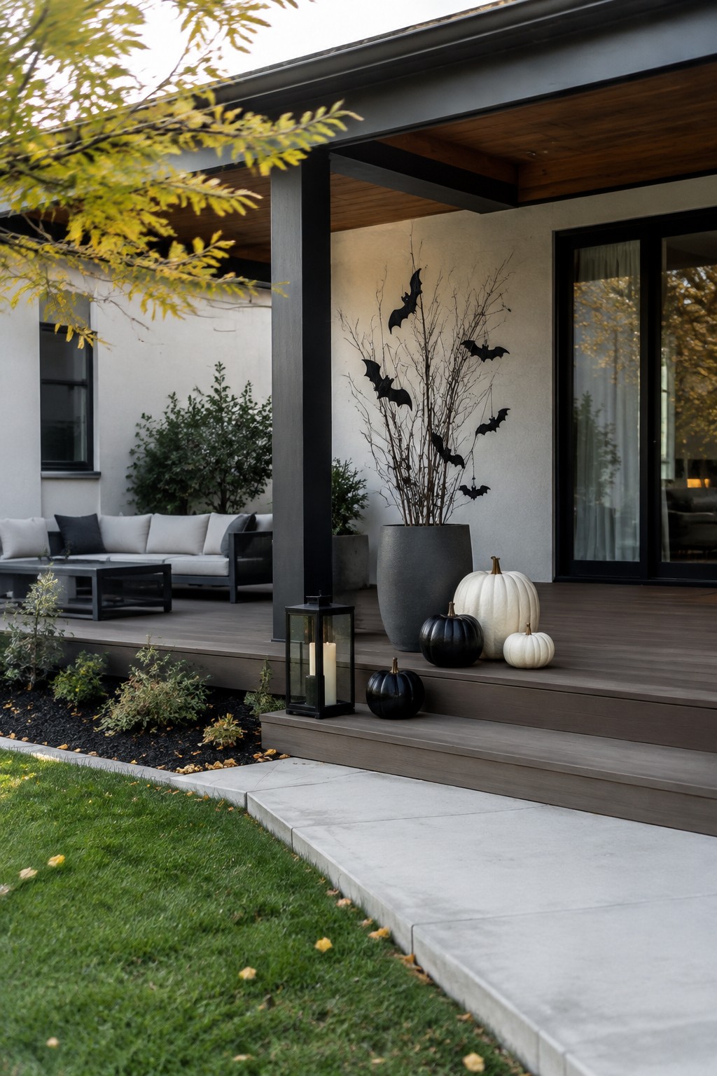 Modern porch steps decorated with black bat cutouts on bare branches in a large gray pot, black and white pumpkins, and a black lantern.