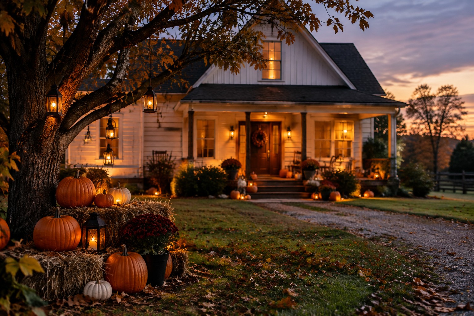 Charming white house with glowing windows, pumpkins, lanterns, and autumn leaves at dusk.