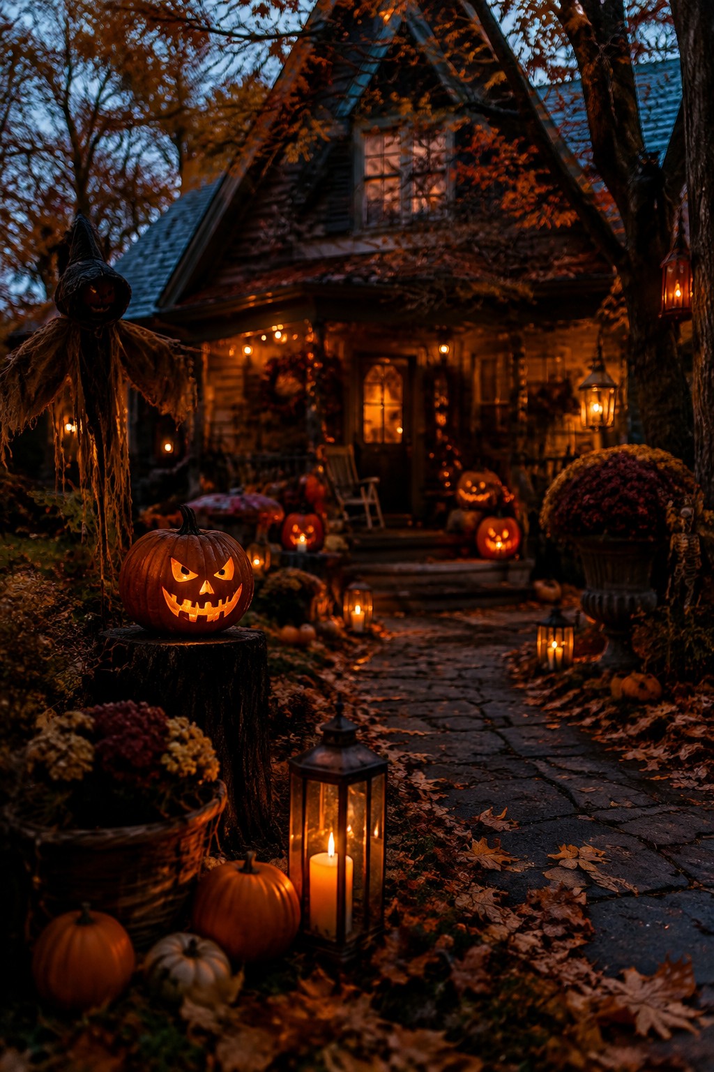 Stone walkway lined with glowing carved pumpkins leading to a house porch decorated with more jack-o'-lanterns and lanterns.
