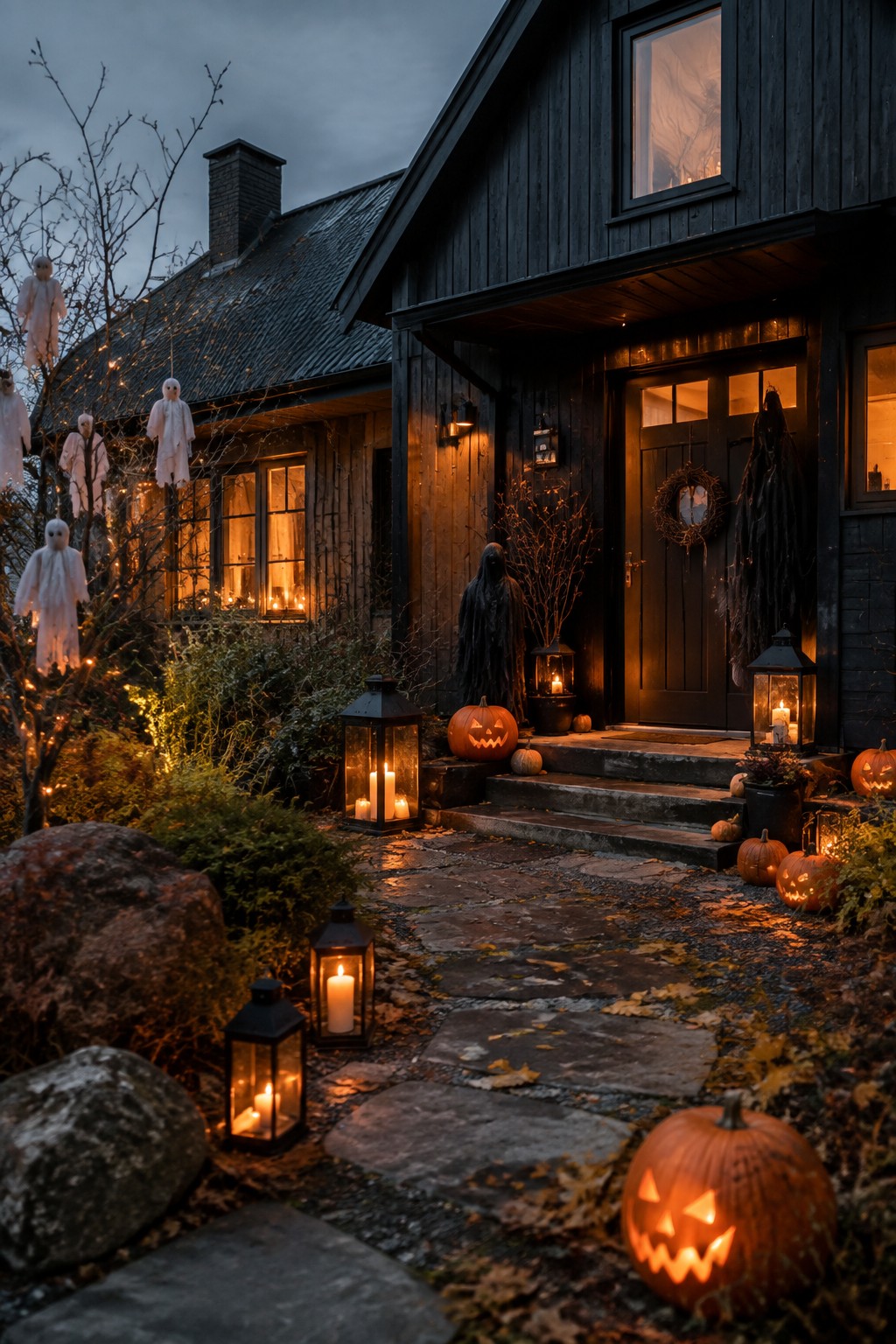 Dark house exterior with multiple white sheet ghosts hanging from bare trees, carved jack o lanterns, and black lanterns lining a stone walkway to the front porch.