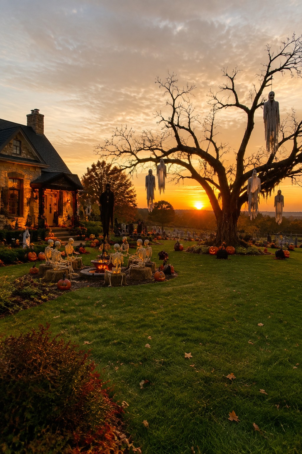 Large yard at sunset with multiple white ghosts hanging from a bare tree and skeletons arranged around a fire pit.