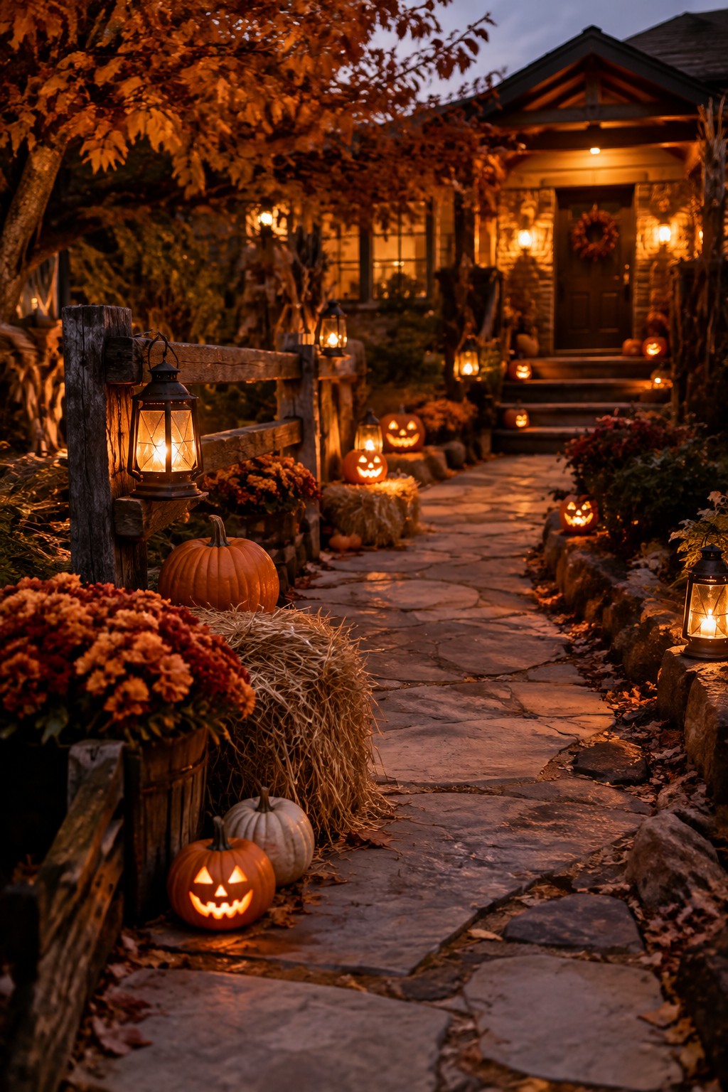 A stone walkway lined with glowing jack-o'-lanterns and lanterns leading to a decorated front porch at dusk.