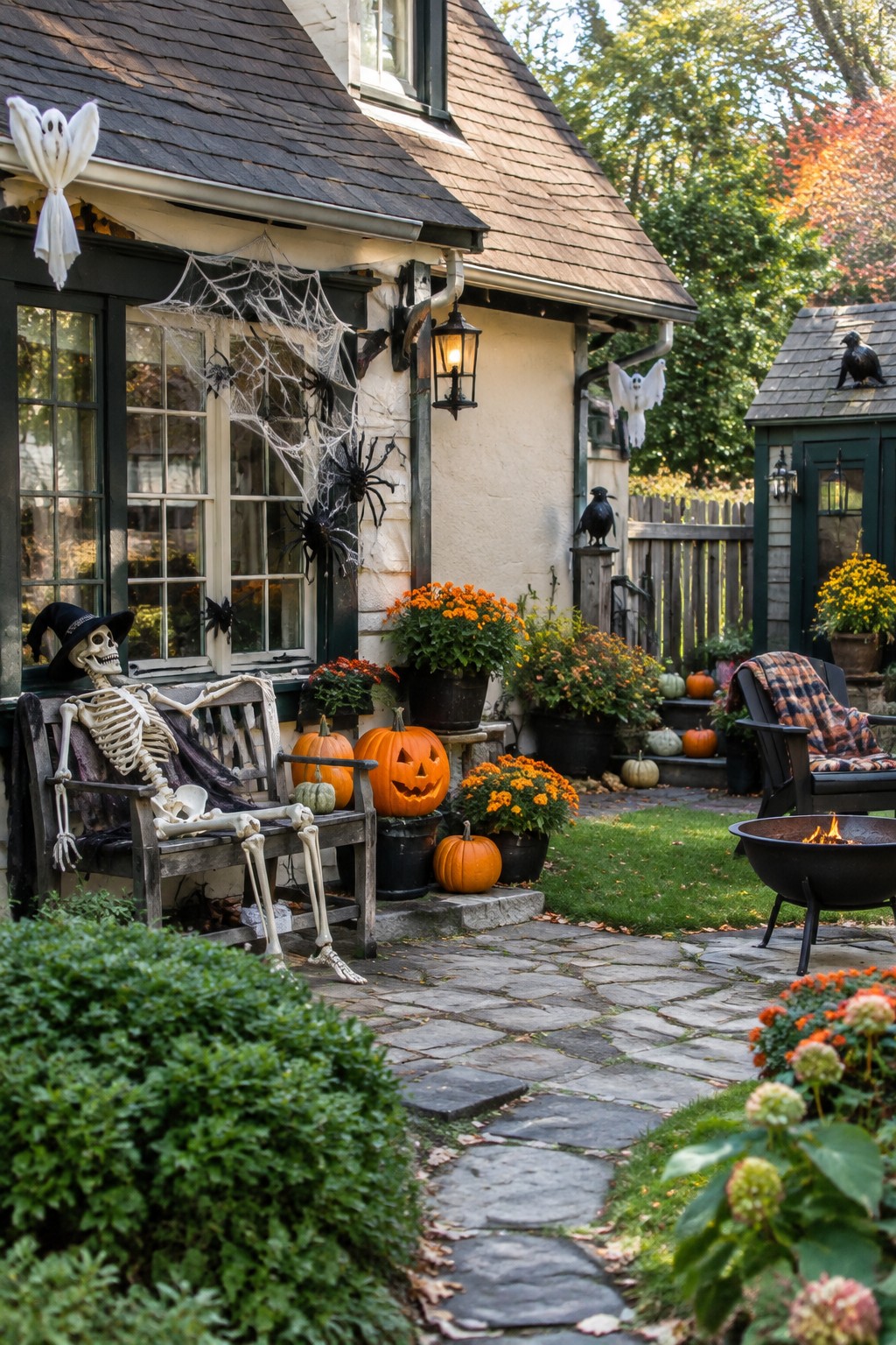 A skeleton in a witch hat seated on a wooden bench beside a house, with spiderwebs on the window, pumpkins on the steps, and hanging ghosts in the yard.