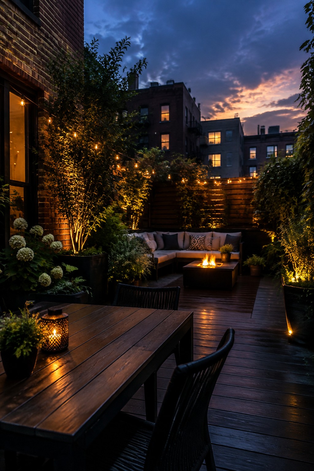Wooden patio at dusk with string lights overhead, a lit fire pit, dark outdoor seating, and potted plants against brick buildings.
