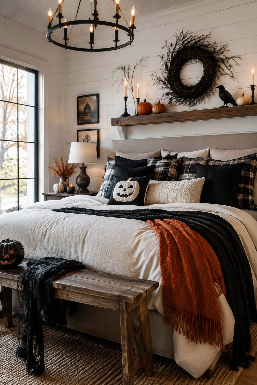 Bedroom with a jack o lantern pillow on the bed and small pumpkins with a black bird figure arranged on a wooden shelf above the headboard.