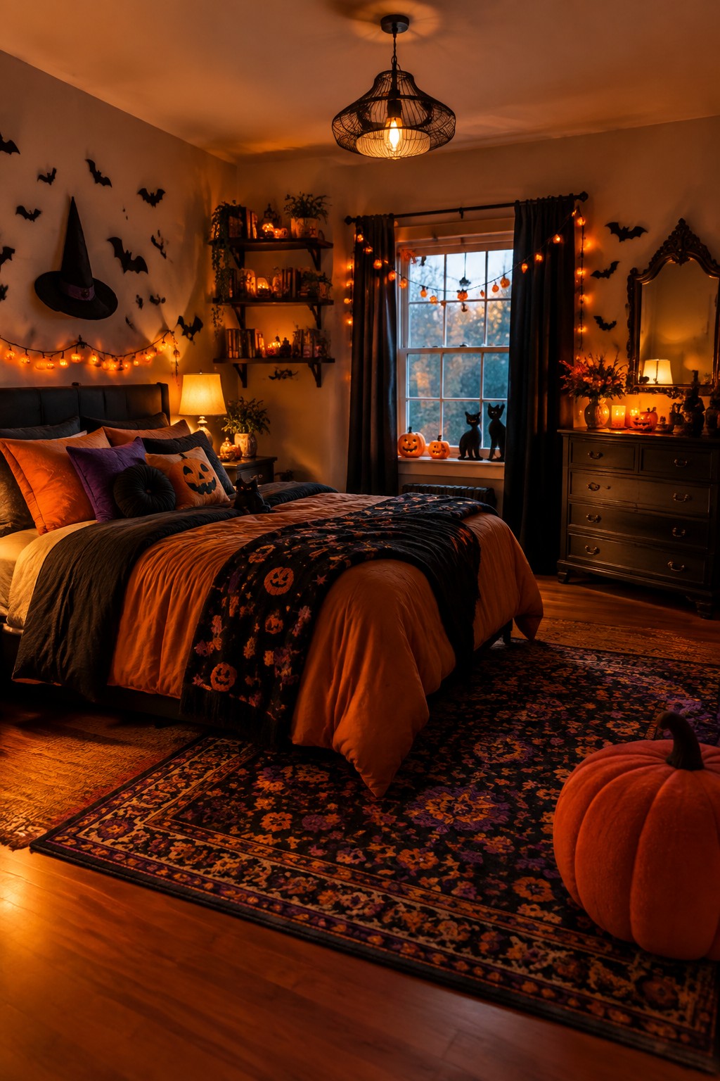 A bedroom with black bat cutouts arranged on the wall above the bed, pumpkin patterned bedding, and string lights with pumpkin accents.