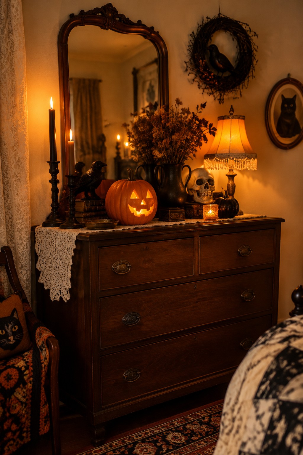 A wooden dresser in a bedroom styled with a glowing jack-o'-lantern, human skull, black crow figurines, candles, and dried flowers.
