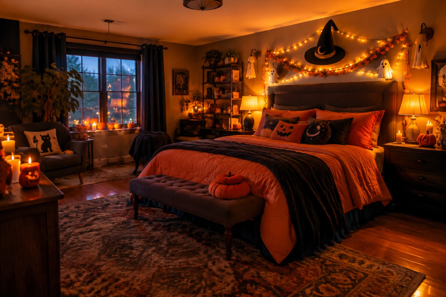 A bedroom with black bat cutouts arranged on the wall above the bed, pumpkin patterned bedding, and string lights with pumpkin accents.