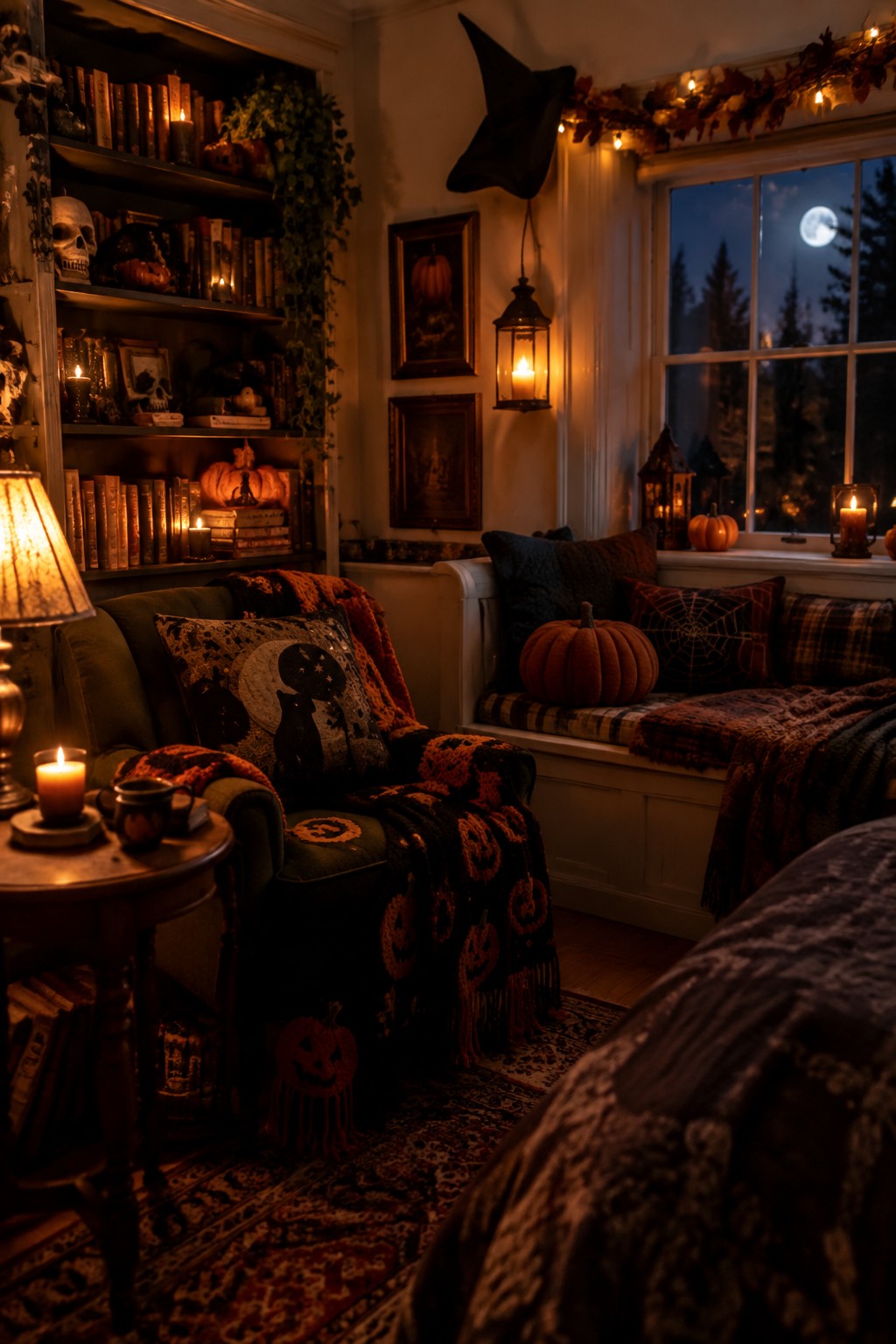 Cozy Halloween room with bookshelves, pumpkins, candles, witch hat, and moonlit window.