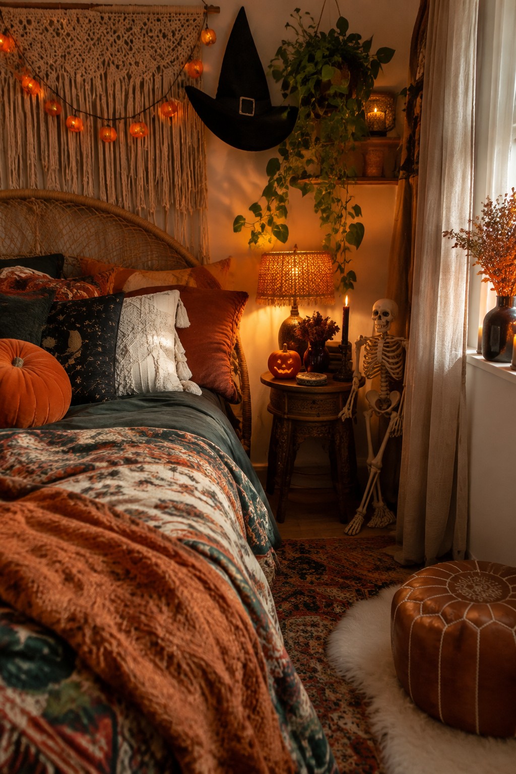 Bedroom corner showing a standing skeleton next to the bed with a black witch hat on the wall above it.