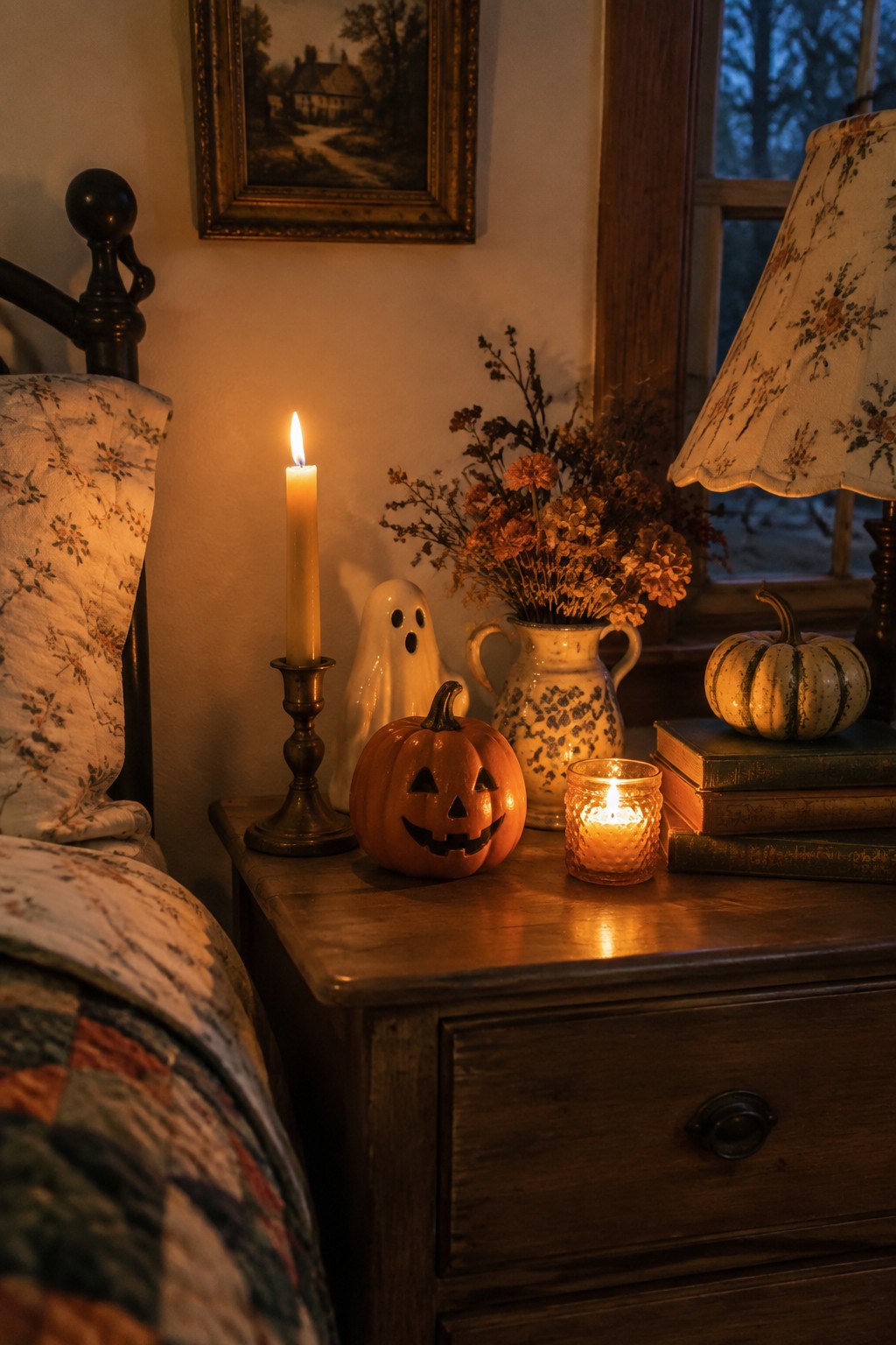 Cozy wooden nightstand with glowing candles, jack-o'-lantern, ghost figurine, and autumn decor.