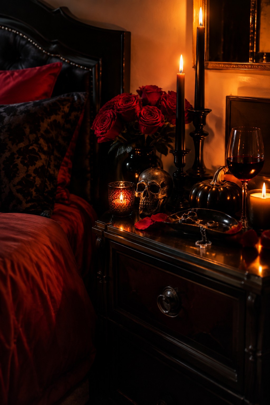 Bedroom nightstand with a metallic skull, black candles, red roses in a vase, and a tray holding chains next to a bed with red bedding.