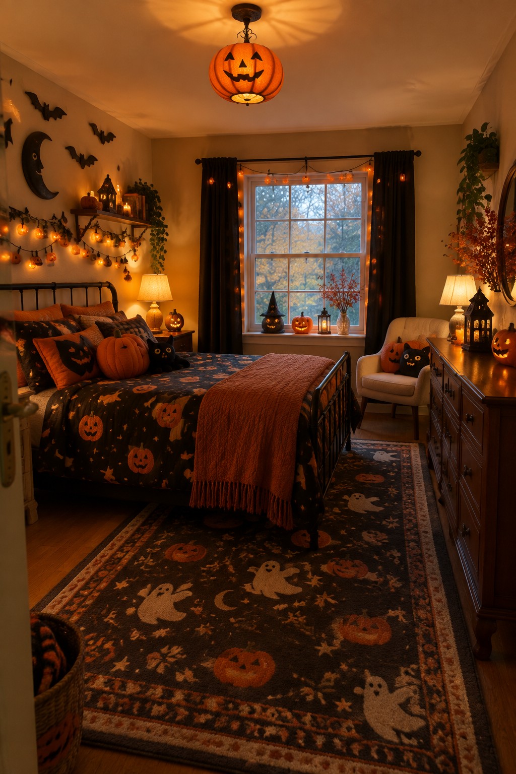 Cozy Halloween bedroom with pumpkin ceiling light, ghost rug, and festive autumn decor