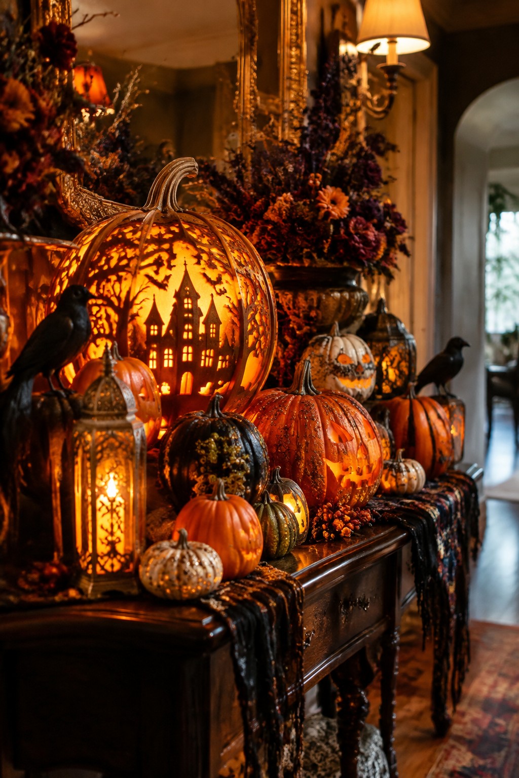 Console table styled with multiple carved and glowing pumpkin lanterns featuring haunted house and face designs, along with black crows and ornate lanterns.