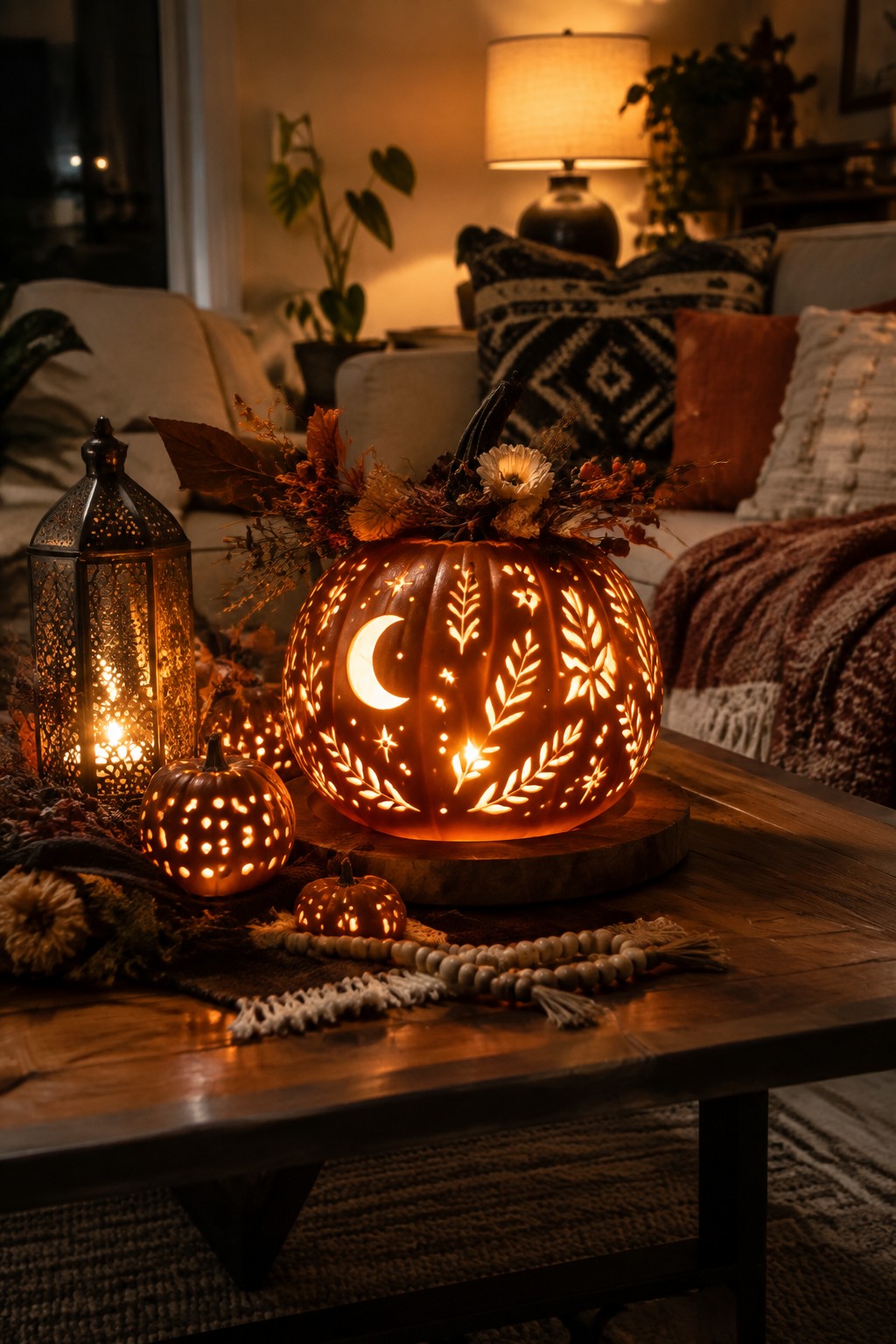 A living room coffee table holds several carved and lit pumpkins with moon, star, and leaf designs, plus a metal lantern and small autumn accents.