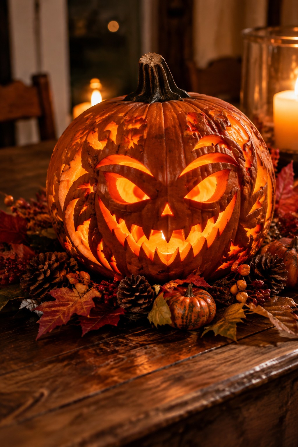Large carved jack-o'-lantern with a fierce glowing face centered on a wooden table with pinecones and autumn leaves.