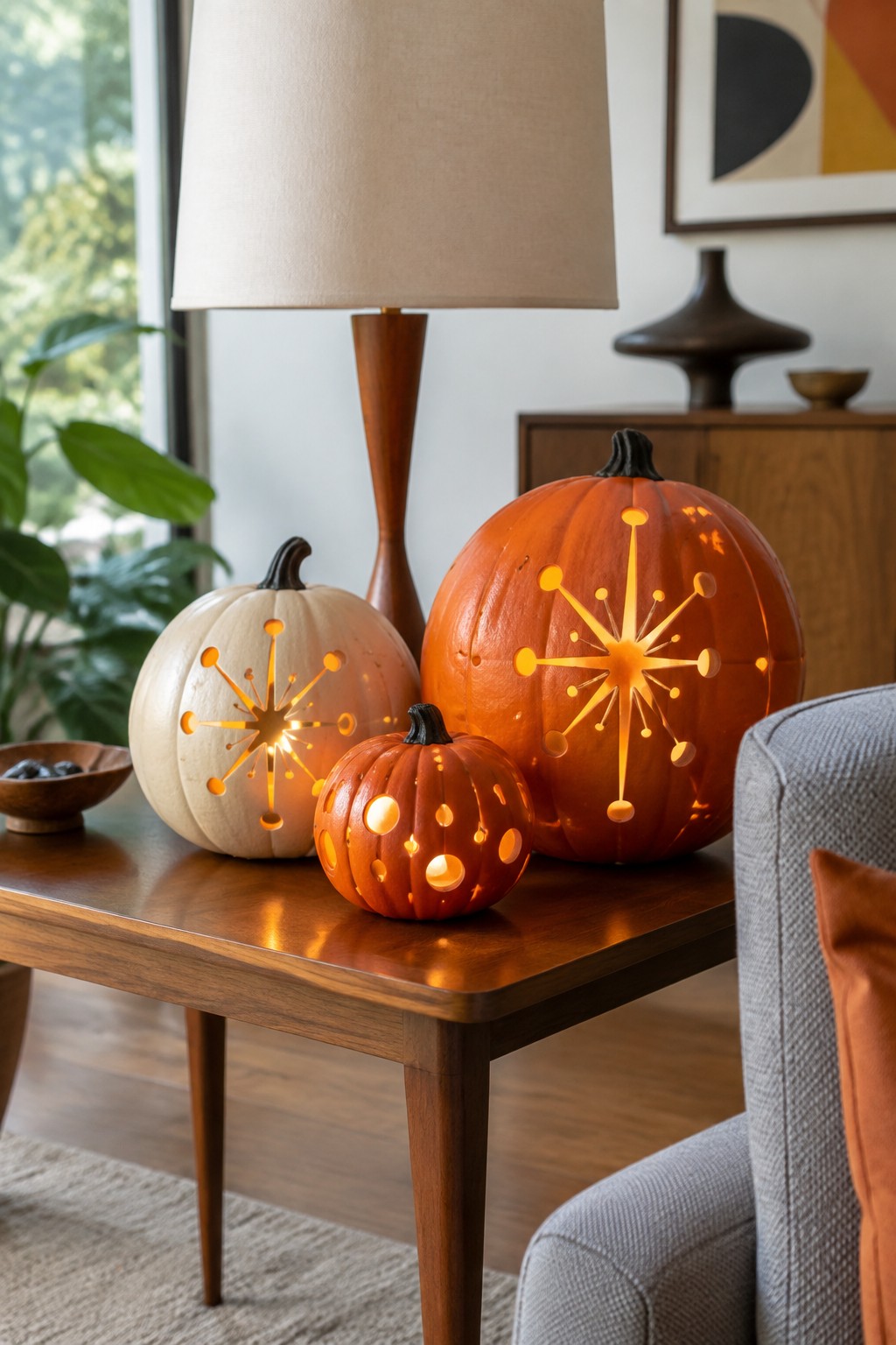 Three glowing starburst-carved pumpkins beside a mid-century wooden table lamp.