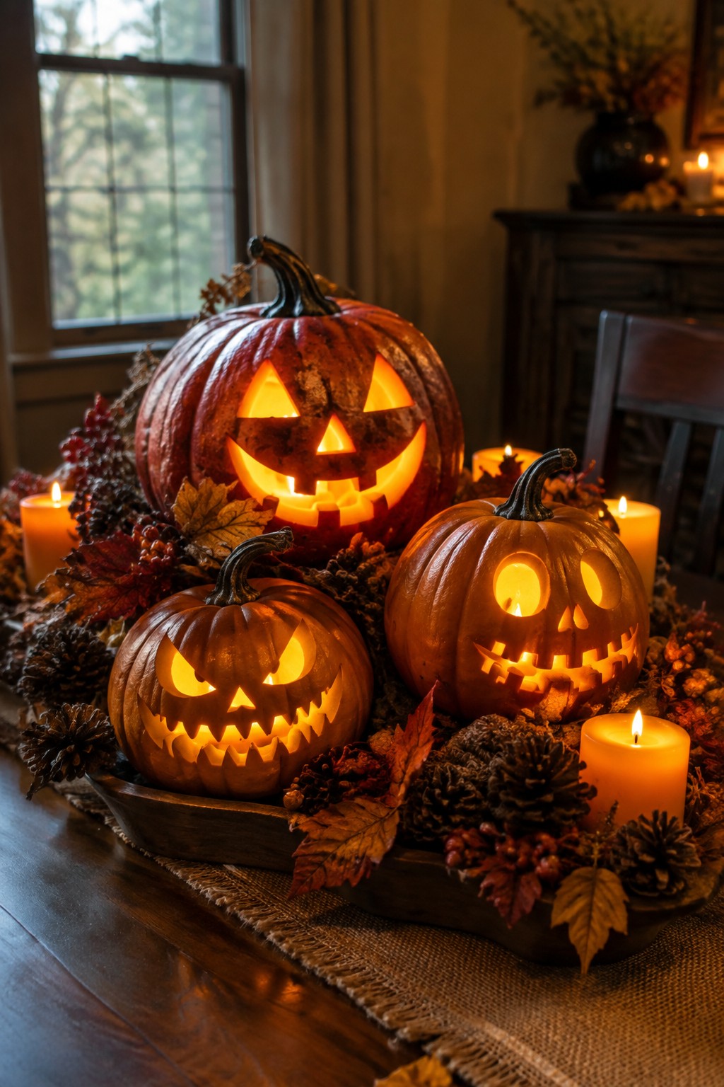 Three carved jack-o'-lanterns with lit candles rest on a wooden tray surrounded by pinecones, autumn leaves, and extra candles on a burlap runner.