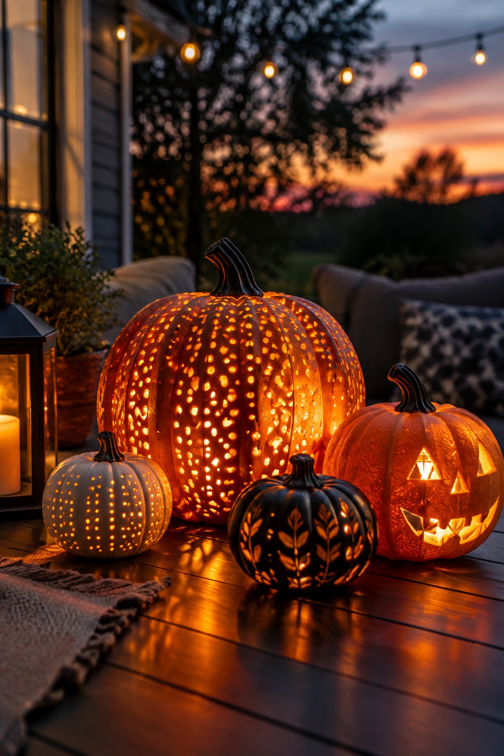 Outdoor wooden deck at dusk with four carved and lit pumpkins of different sizes and designs placed together beside a lantern.