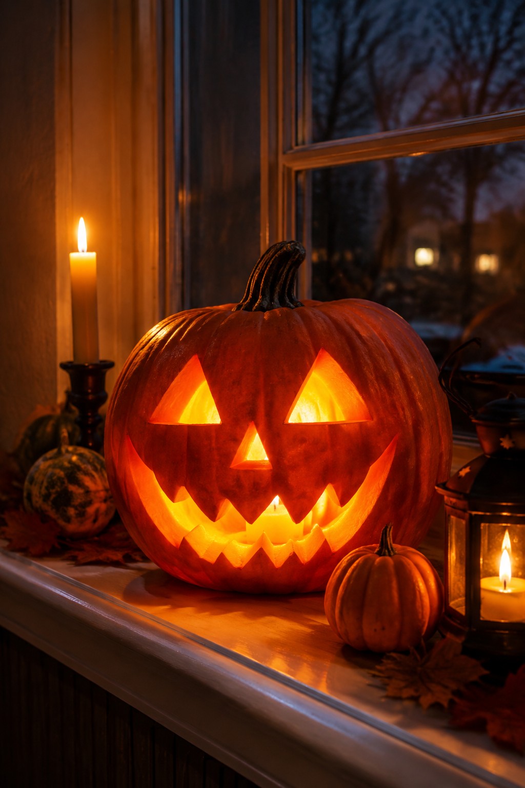 A large carved jack-o'-lantern glows on a windowsill beside a tall candle, a small pumpkin, and a lantern.