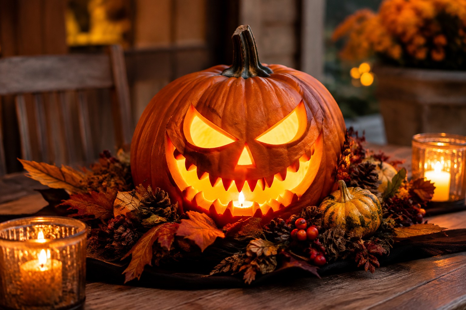 Large carved jack-o'-lantern with a fierce glowing face centered on a wooden table with pinecones and autumn leaves.