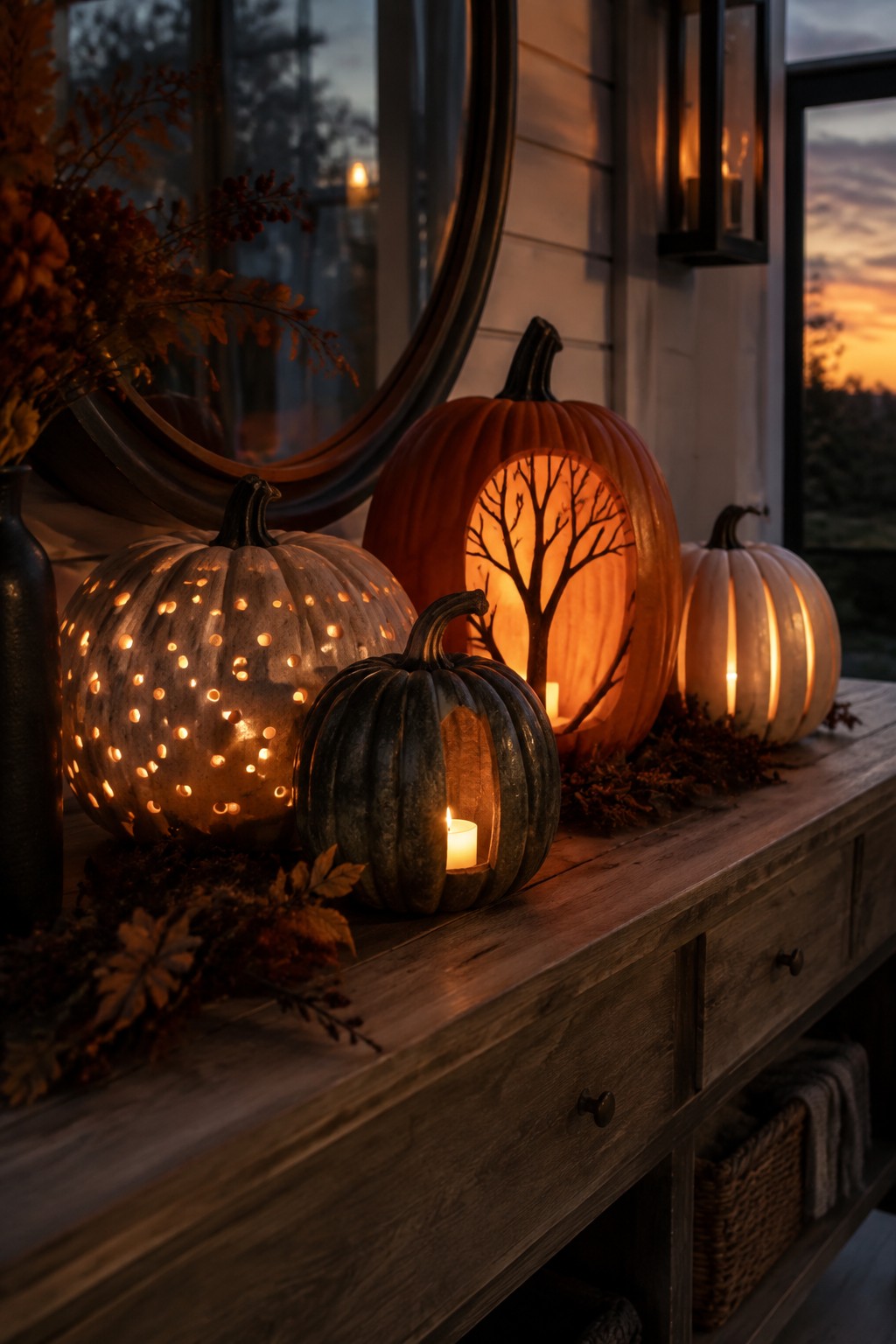 Several carved and lit pumpkins with different designs arranged on a wooden console table next to a round mirror.