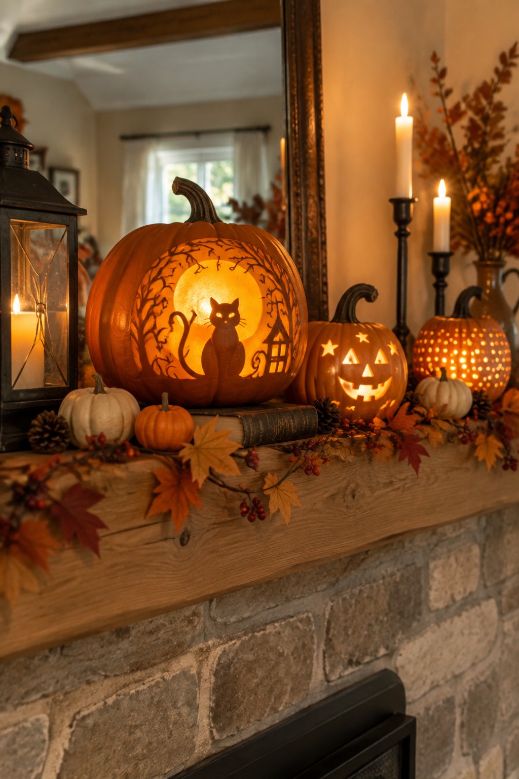 A wooden mantel above a stone fireplace holds several glowing carved pumpkins with one large pumpkin featuring a cat and moon design.