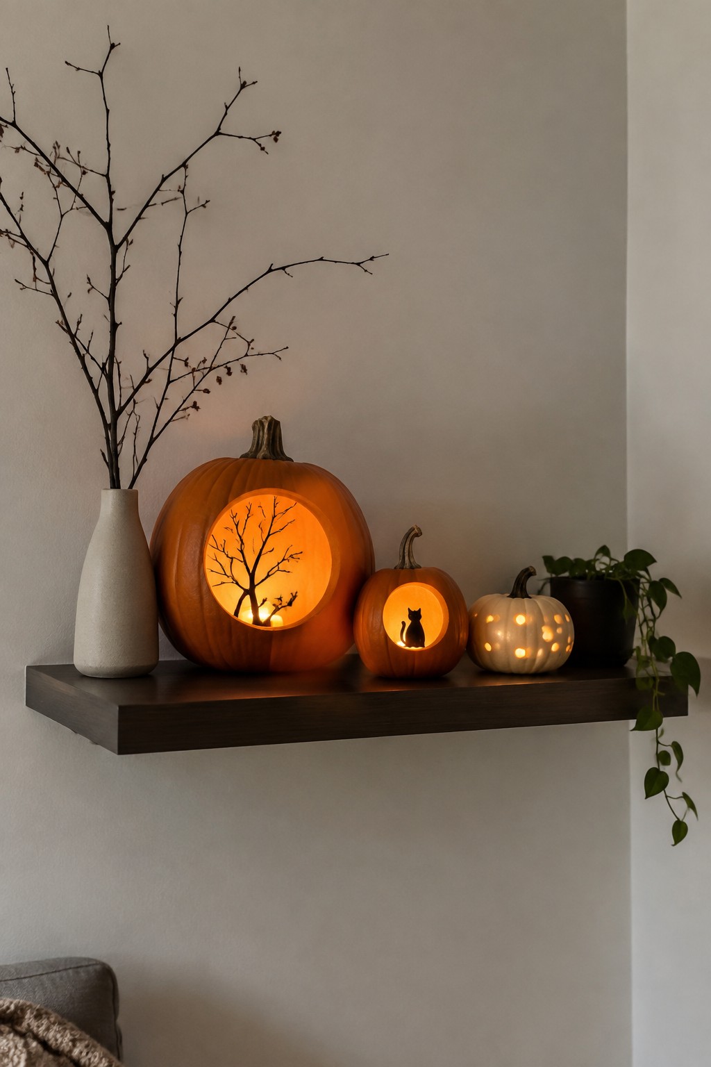 A dark wooden shelf displays three glowing carved pumpkins with tree and cat silhouettes, alongside a vase of bare branches.
